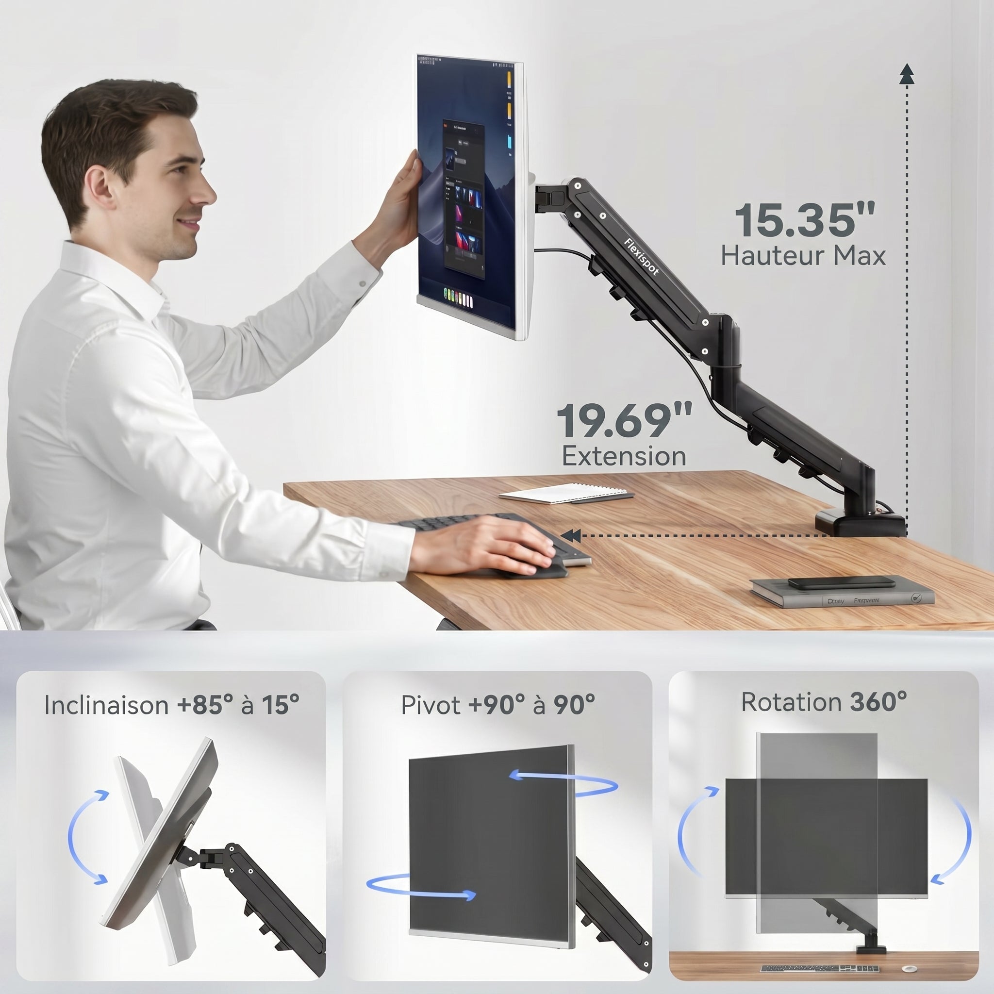 FlexiSpot F5 – Bras Support Écran à Ressort à Gaz — support écran, Lima Design Maroc, vue 06