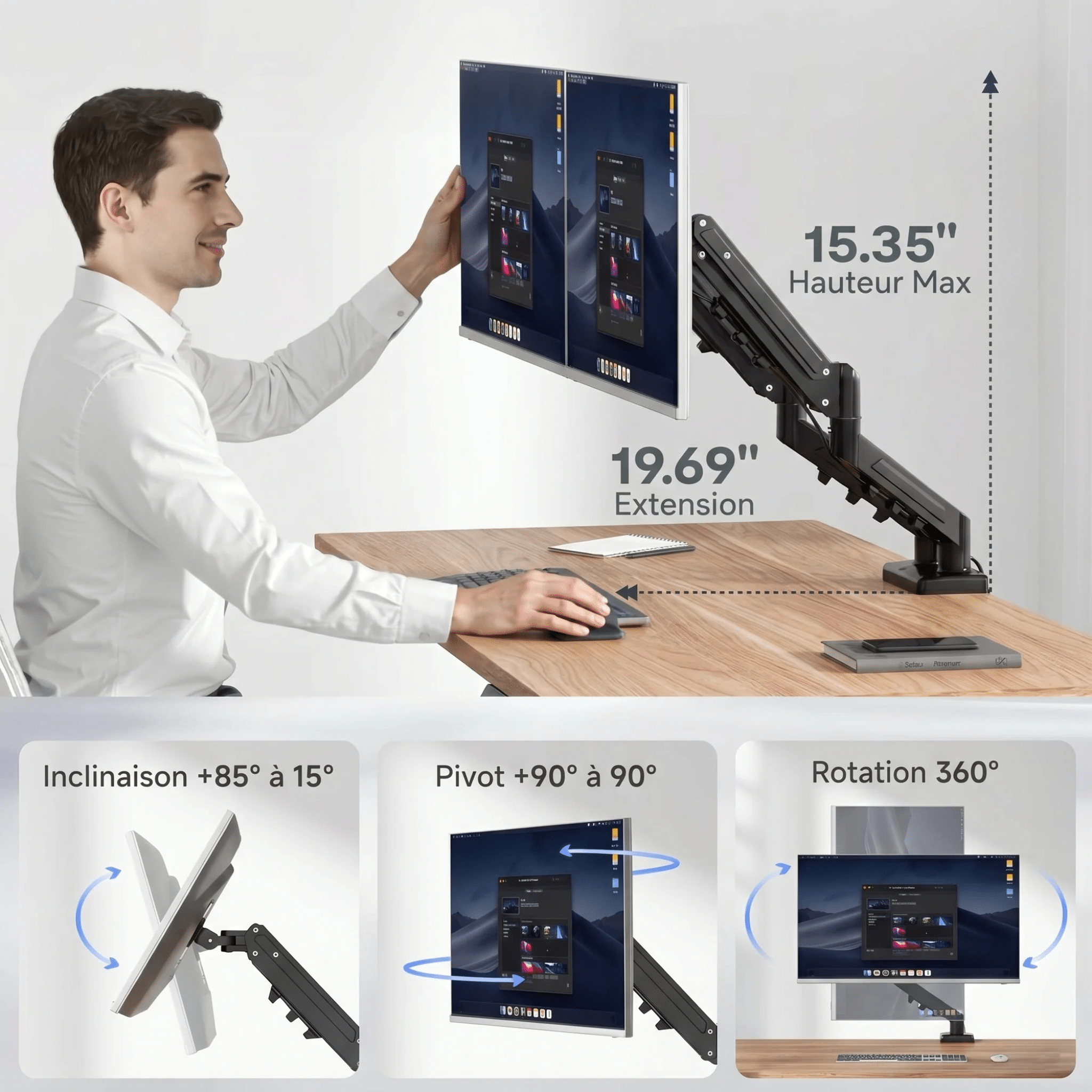 FlexiSpot F5D – Bras Support Double Écran à Ressort à Gaz — support écran, Lima Design Maroc, vue 07